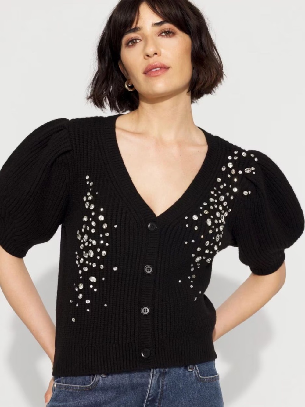 WHBM Embellished Puff Sleeve Button-Front Cardigan Black XS NWT
